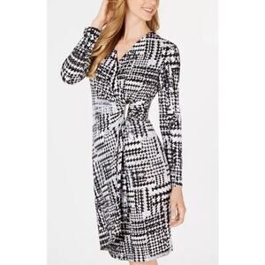 CALVIN KLEIN Long Sleeve Faux Wrap Dress Size Black Gray Houndstoooth